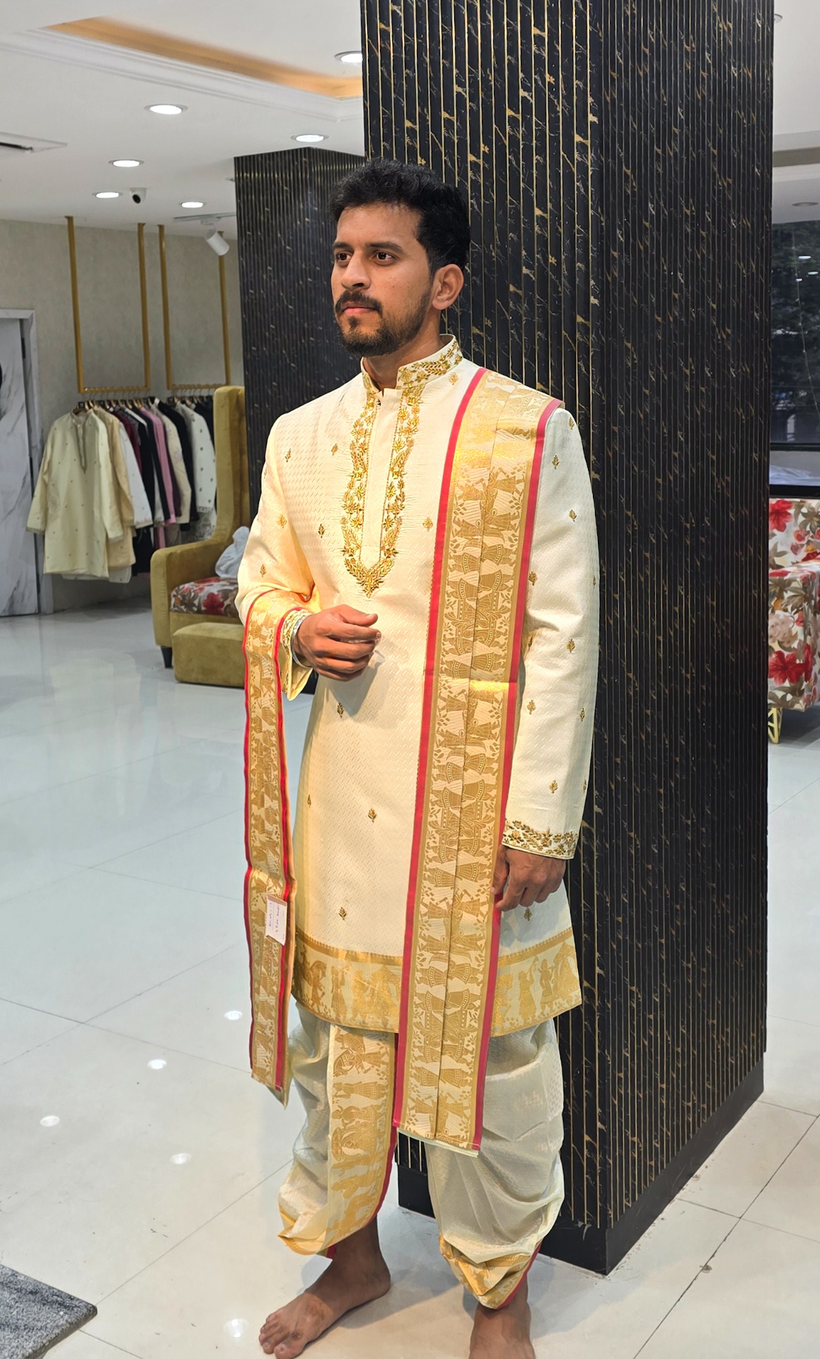Ivory Gold Baraat Border Pancha Sherwani