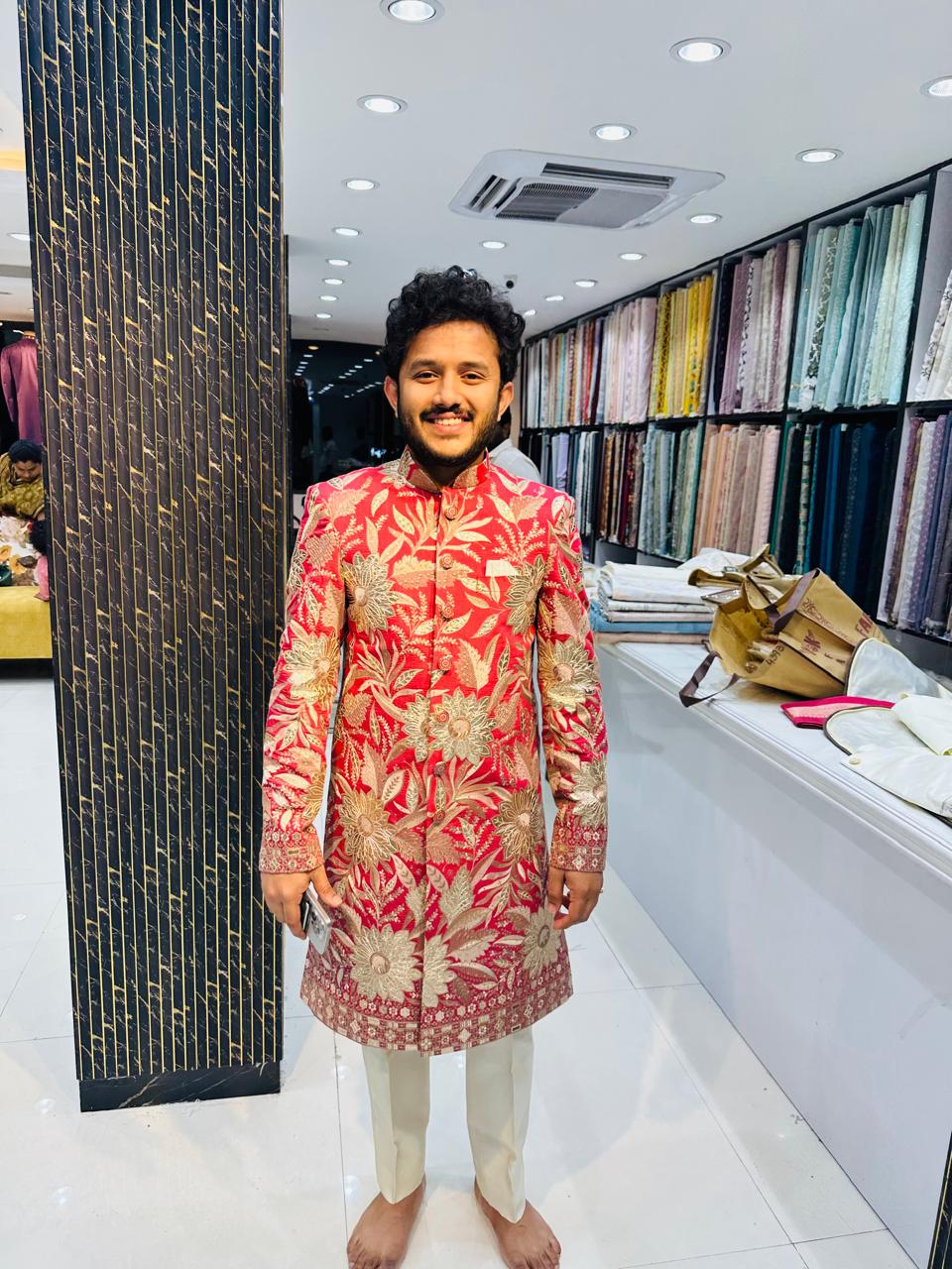 Coral Red Gold Sunflower Sherwani