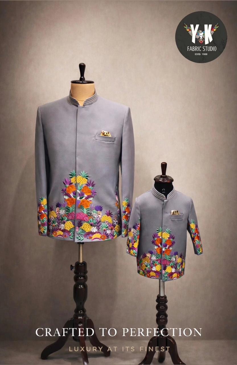 Grey Pineapple Garden Father & Son Jodhpuri Set