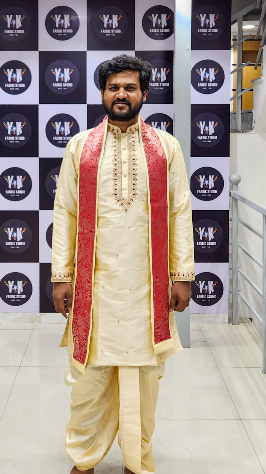 Cream Red Brocade Pancha Kurta