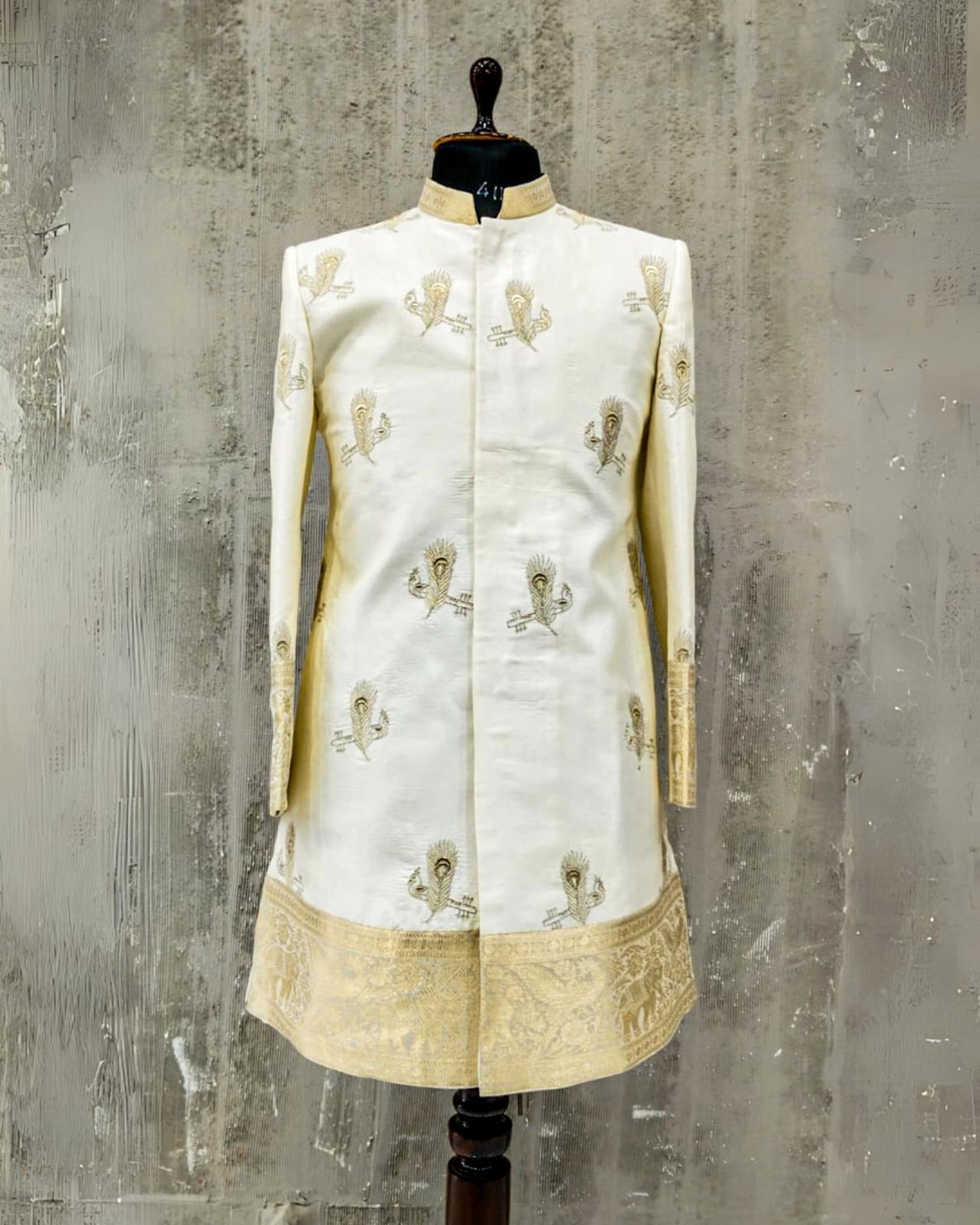 Ivory Peacock Feather Banarasi Sherwani