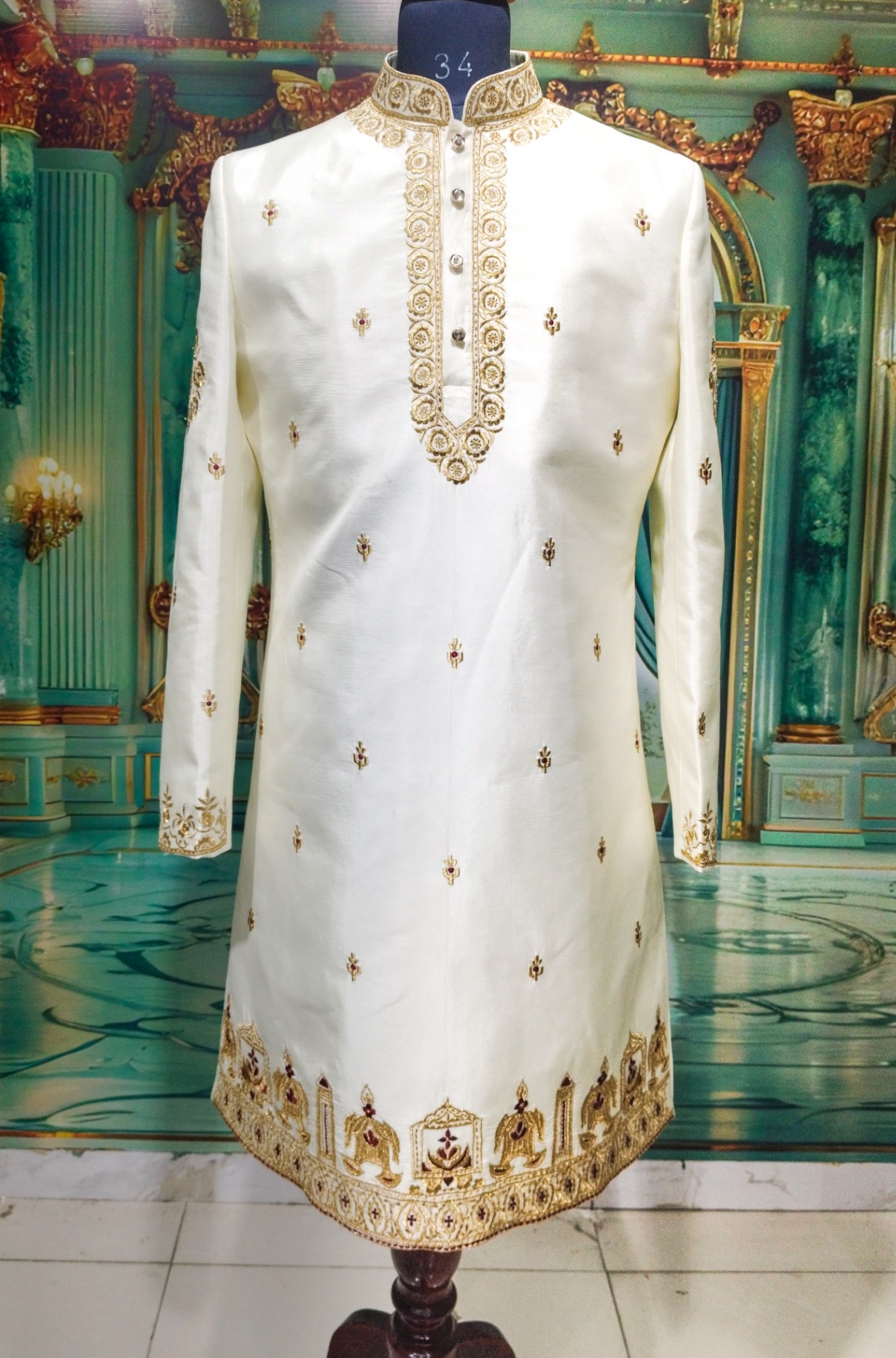 Ivory Gold Temple Elephant Kurta