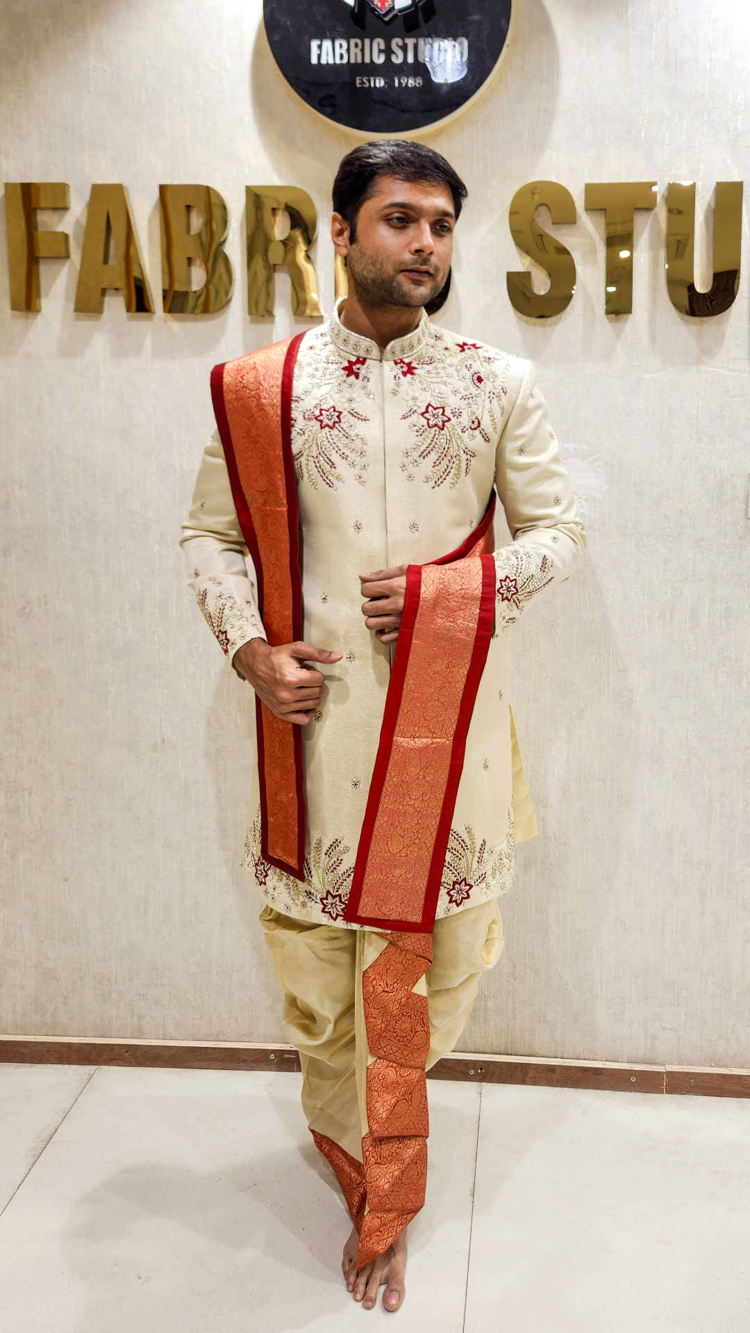 Cream Red Floral Dhoti Sherwani
