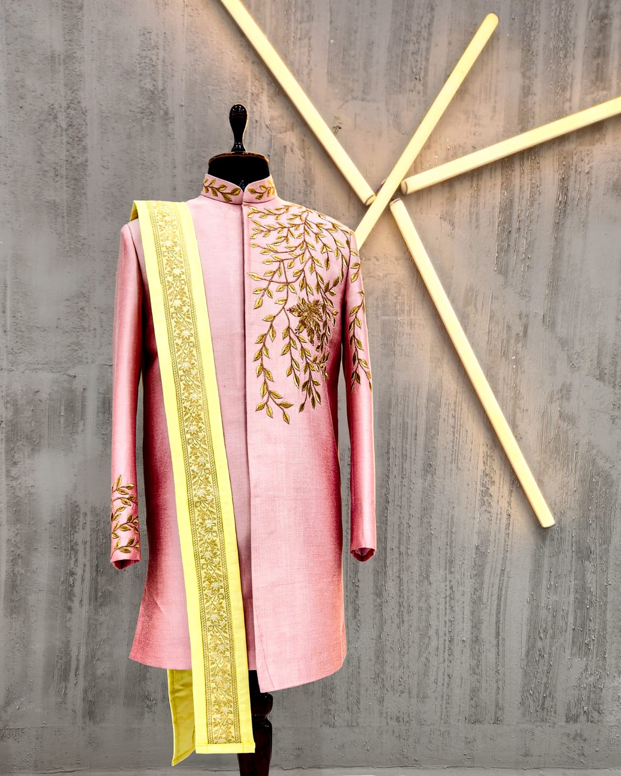 Pink Gold Leaf Zardozi Sherwani