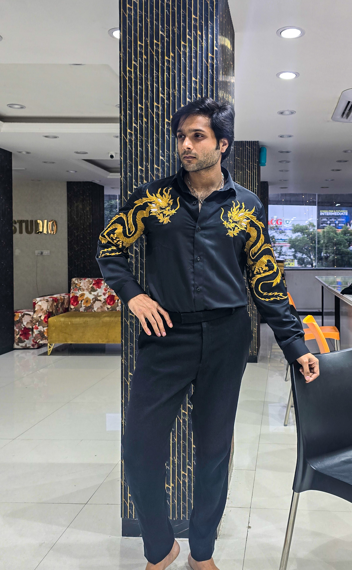 Black Gold Dragon Satin Shirt