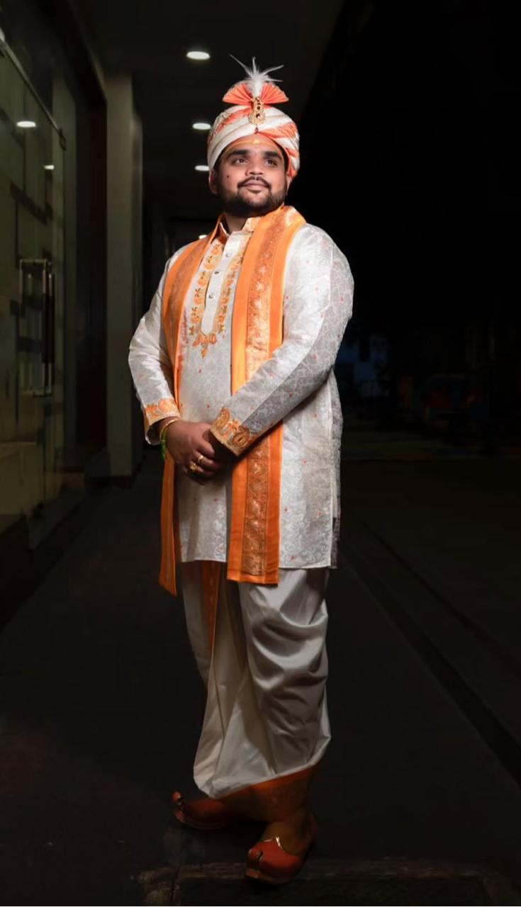 Ivory Orange Jacquard Sherwani Kurta