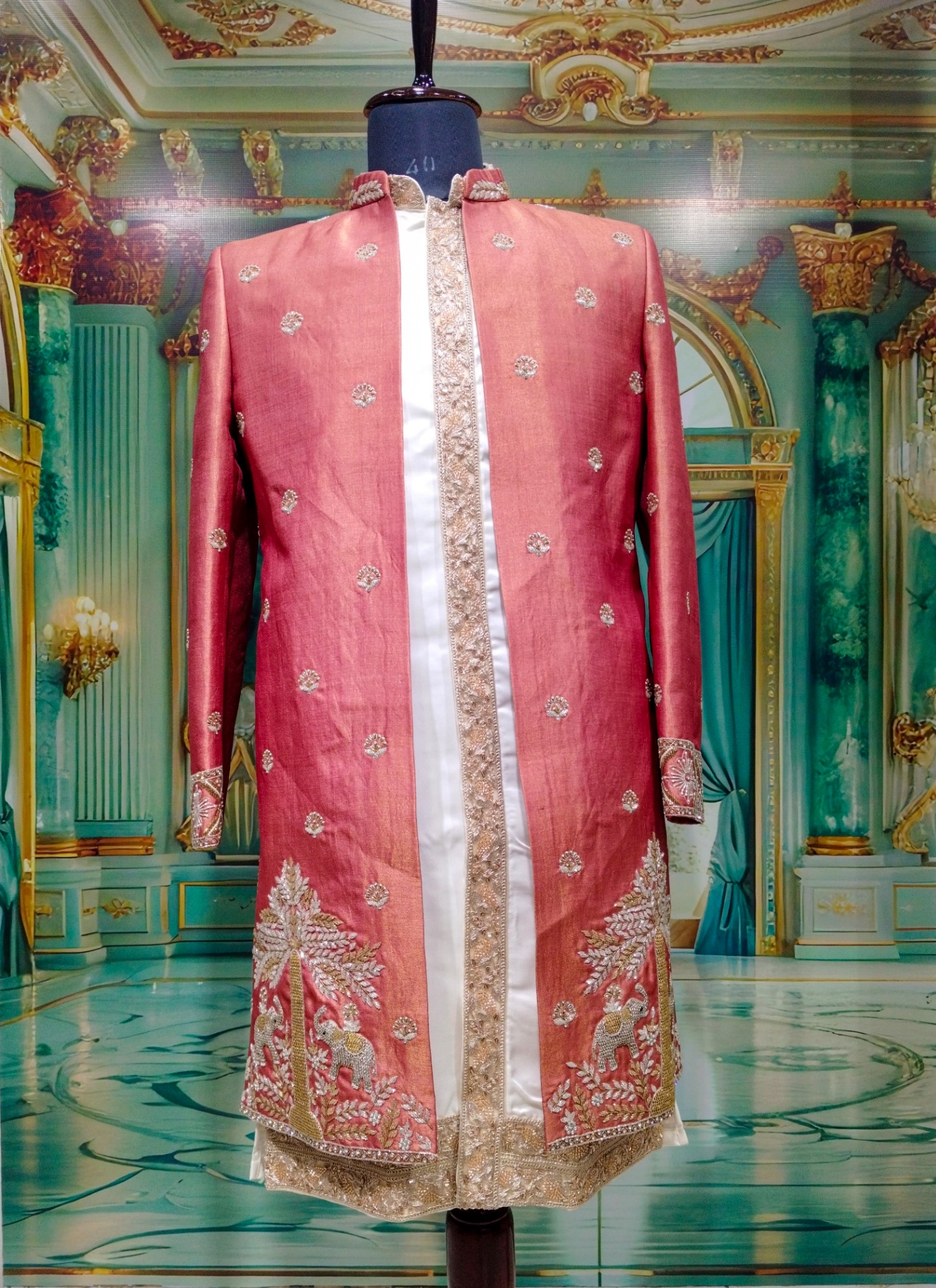 Coral Rose Elephant Zardozi Sherwani