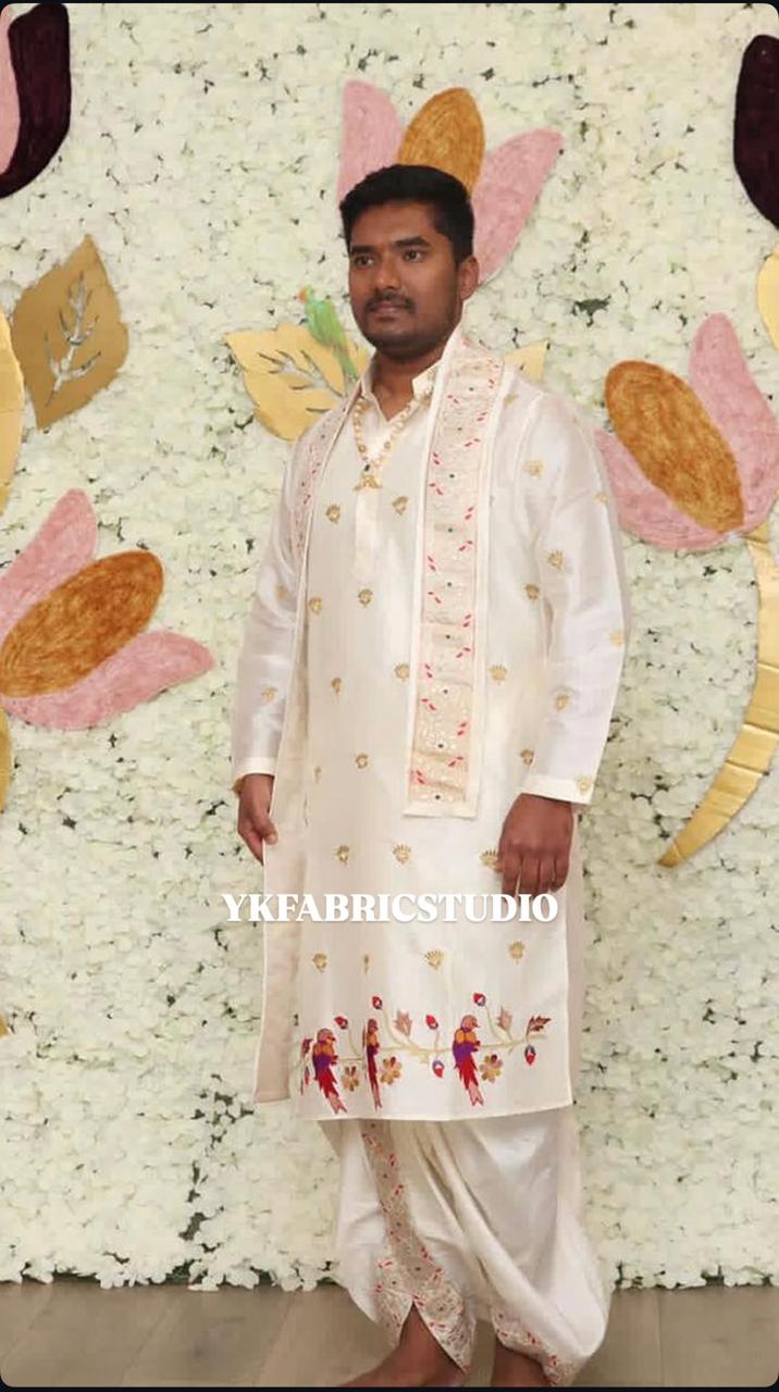 Ivory Parrot Motif Kurta
