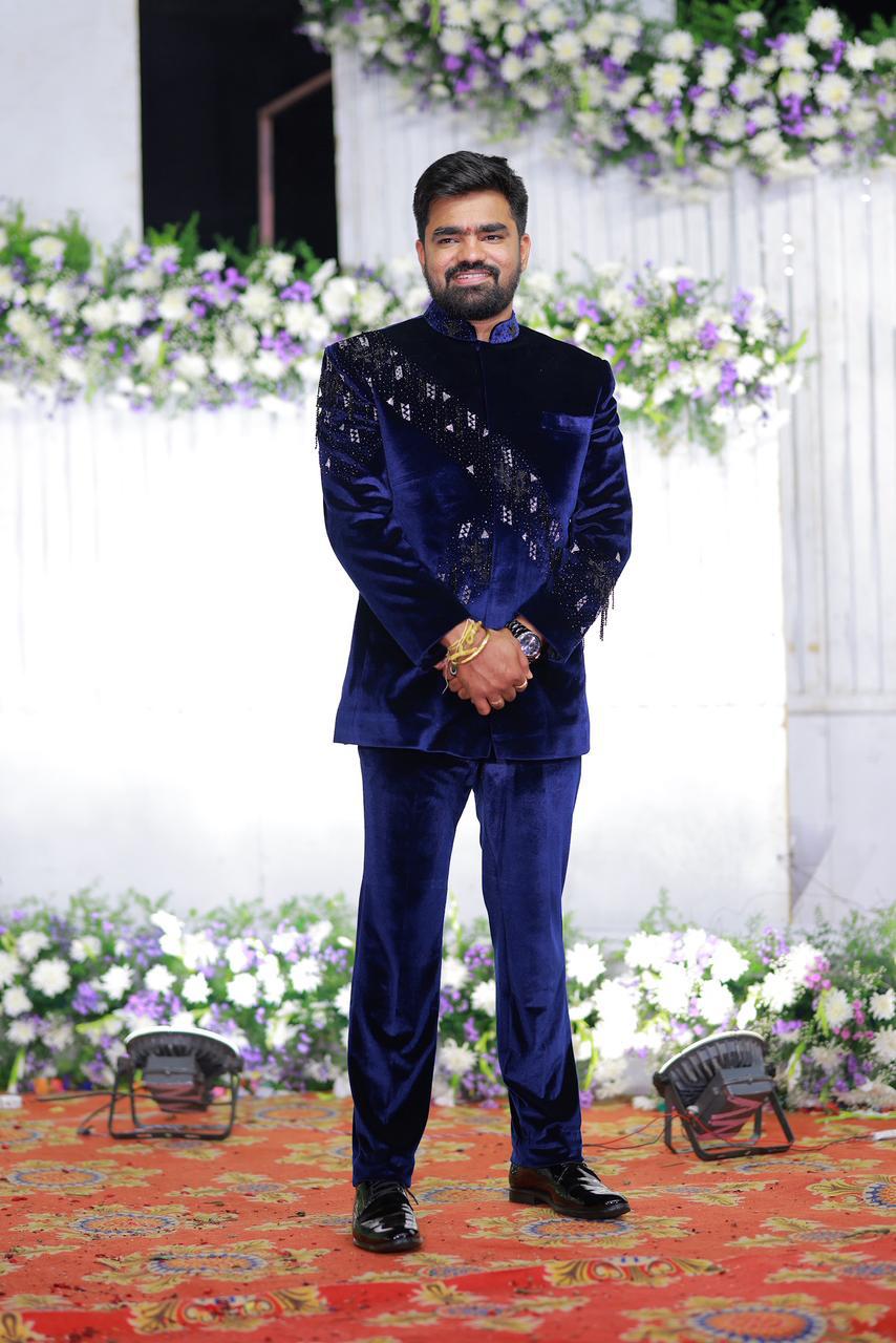 Navy Velvet Crystal Sash Jodhpuri