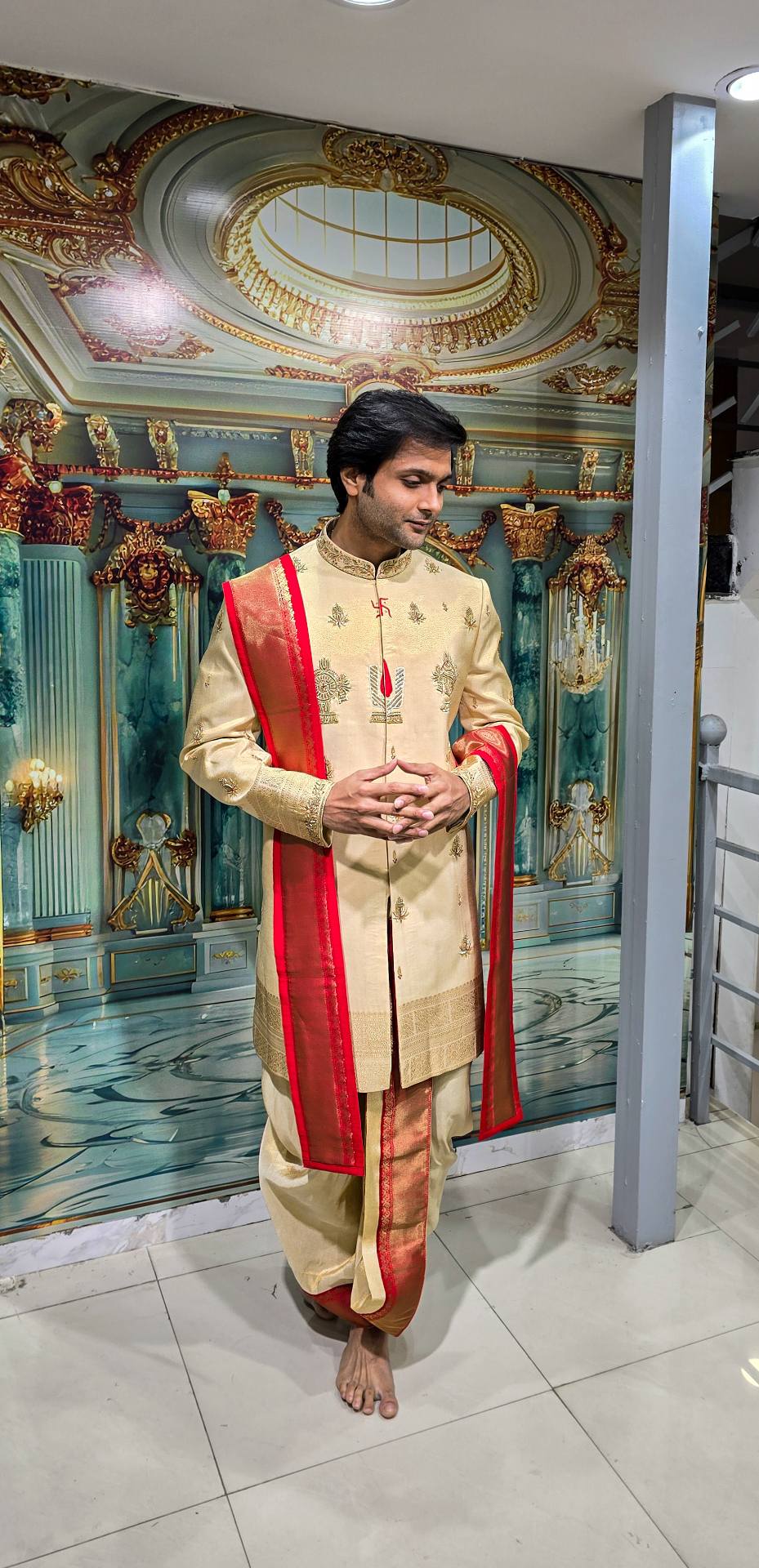 Gold Tilak Crest Dhoti Sherwani